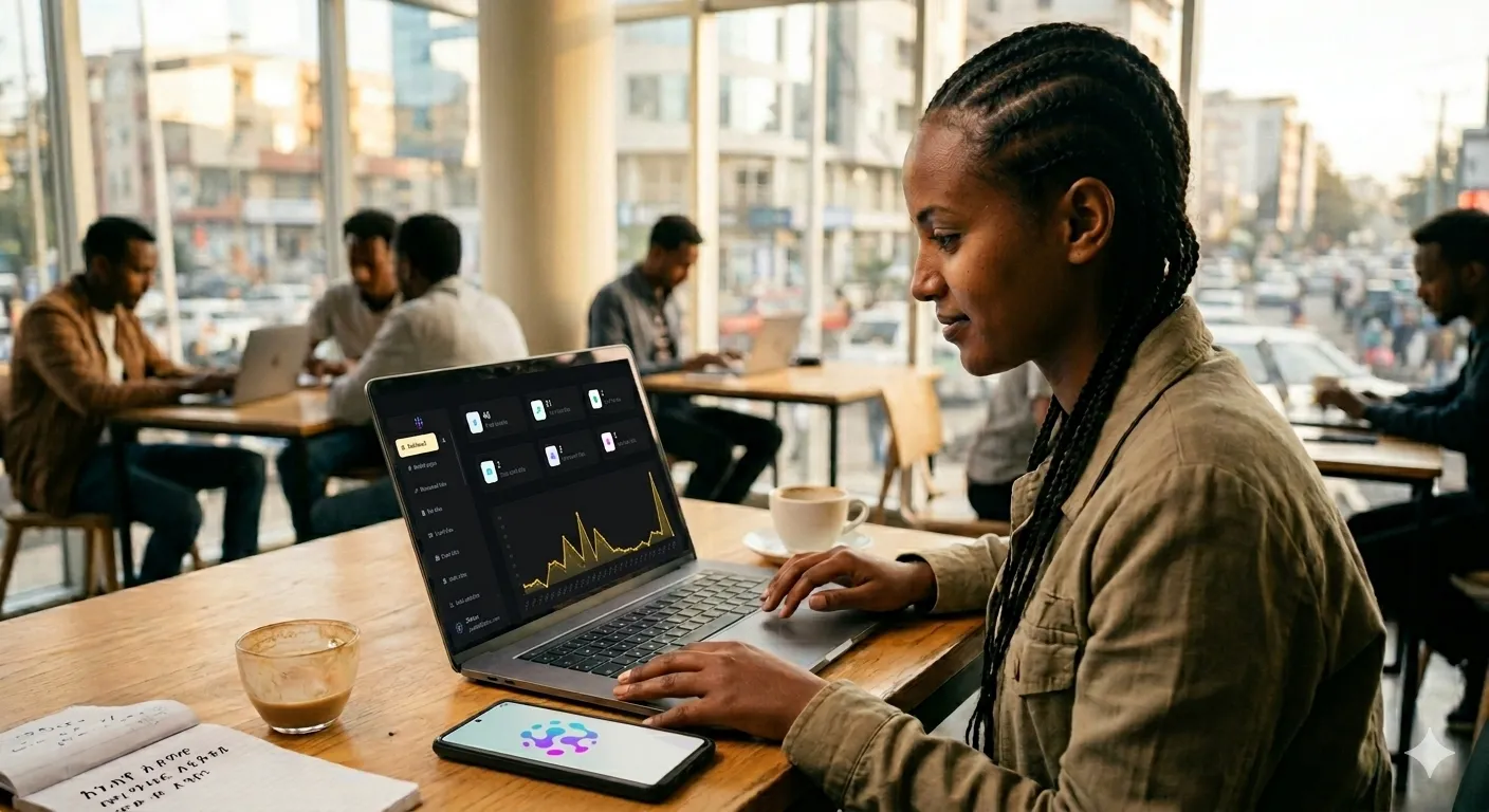 A wommen shitting in a caffe with a laptop that shows zlinkoo dashboard and she is comparing website prices in Ethiopia: Freelance vs Agency vs Zlinkoo platform