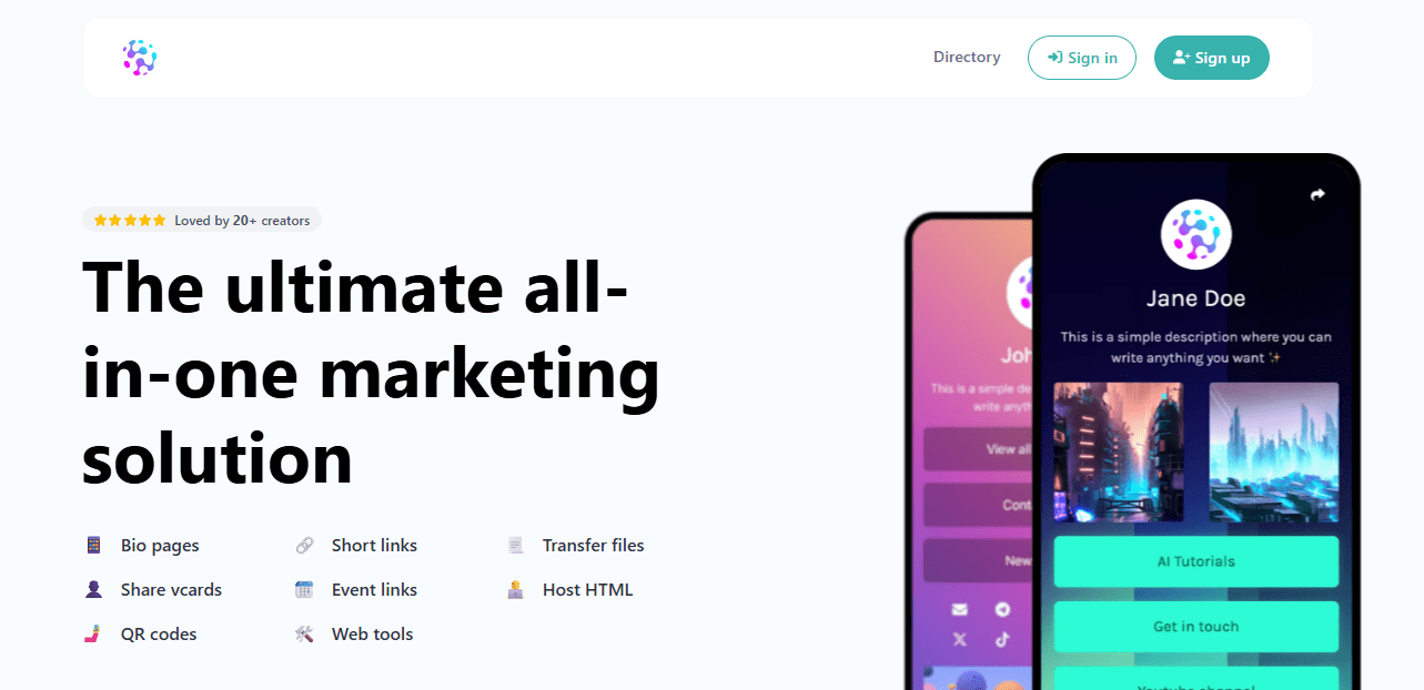 Zlinkoo.com interface showcasing bio pages, short link creation, file transfer feature, vcard sharing, event link management, HTML hosting, QR code generation, and integrated web tools in a user-friendly dashboard.